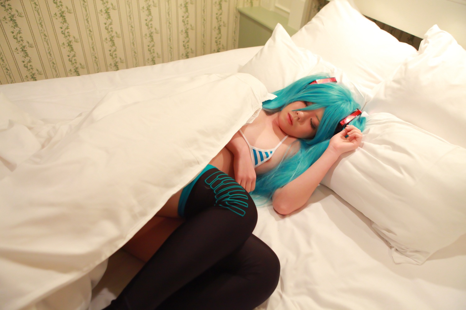 asian bed bikini blue_hair breasts cosplay female long_hair lying solo thighhighs
