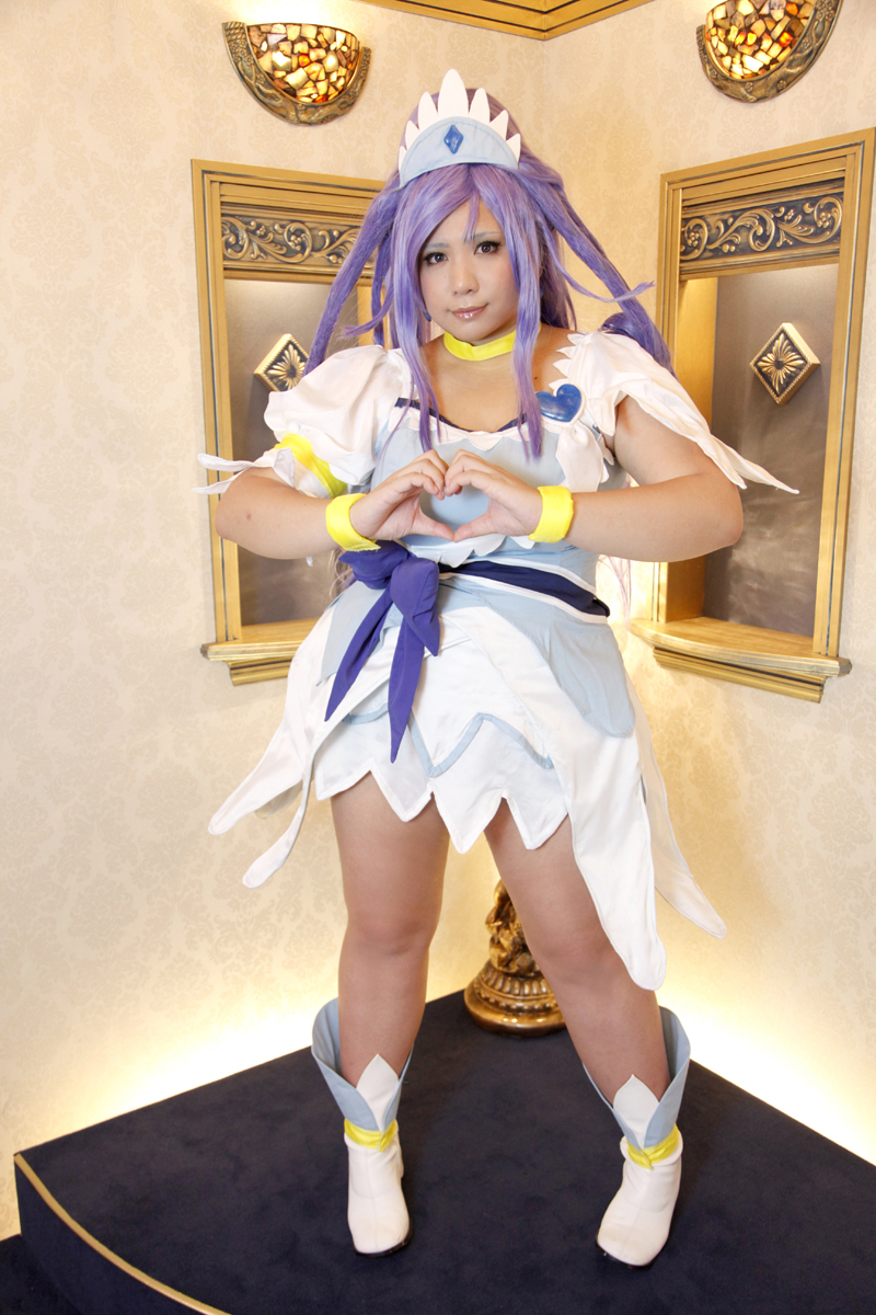 boots breasts chouzuki_maryou cosplay dress female high_heels huge_breasts long_hair purple_hair solo tiara watermark
