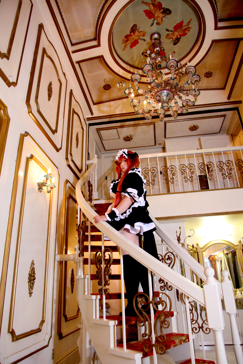 asian breasts chouzuki_maryou dress female huge_breasts long_hair maid plump red_hair shoes socks solo stairs