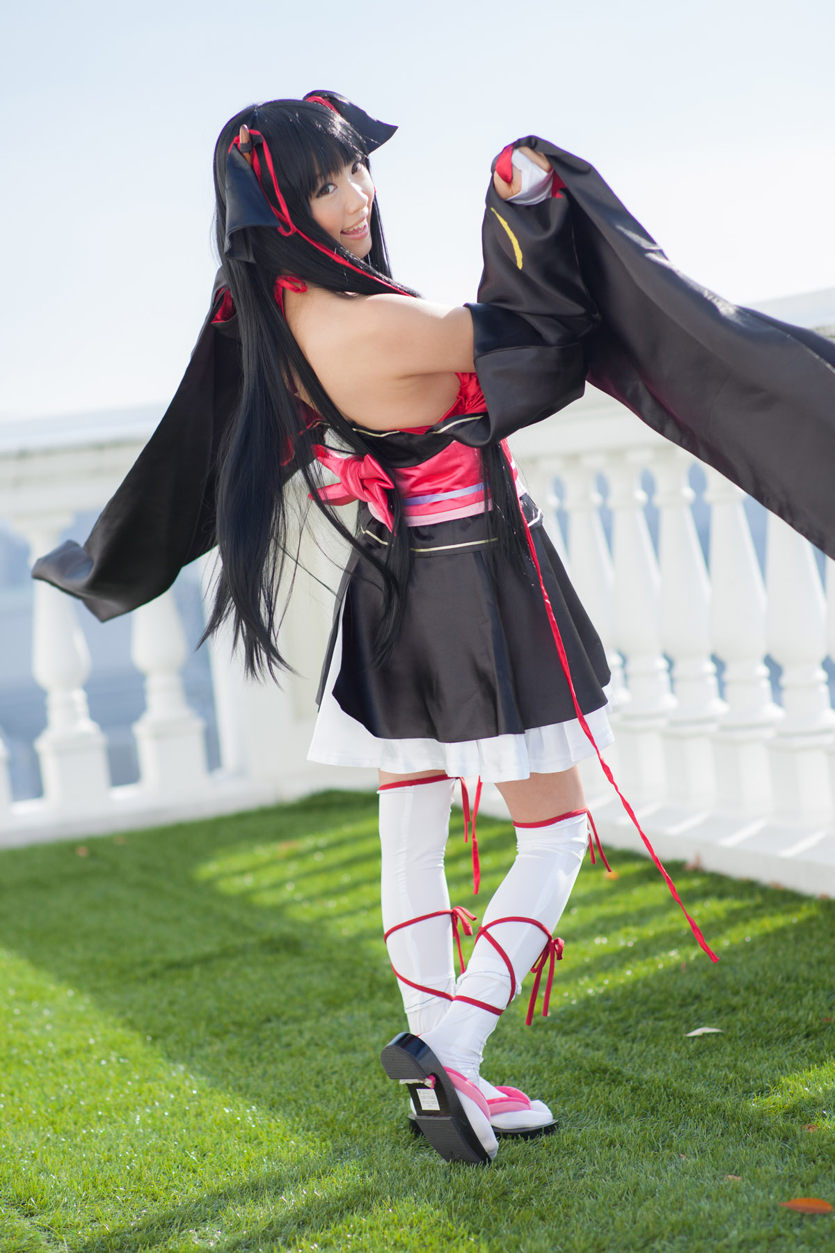 asian bare_shoulders black_hair breasts cosplay dress female long_hair shoes socks solo