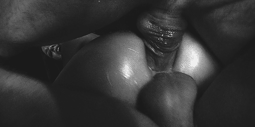 all_fours anal animated dark-skinned_male dark_skin doggy_style double_penetration from_behind gif group_sex interracial large_penis looking_back male messy monochrome oil penis threesome tight_fit vaginal