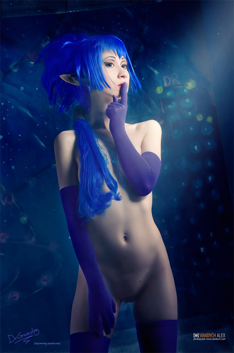ass blue_hair elbow_gloves female gloves long_hair navel nude pussy solo thighhighs vandych_alex