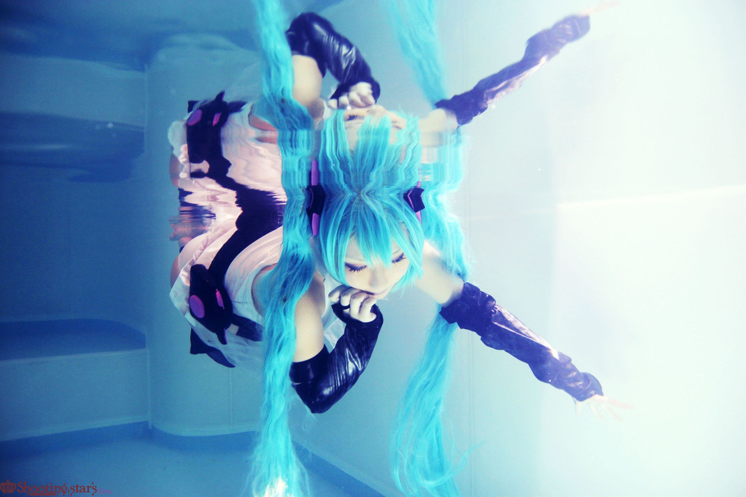 aqua_hair asian breasts cosplay elbow_gloves female gloves long_hair pigtails shooting_star solo watermark