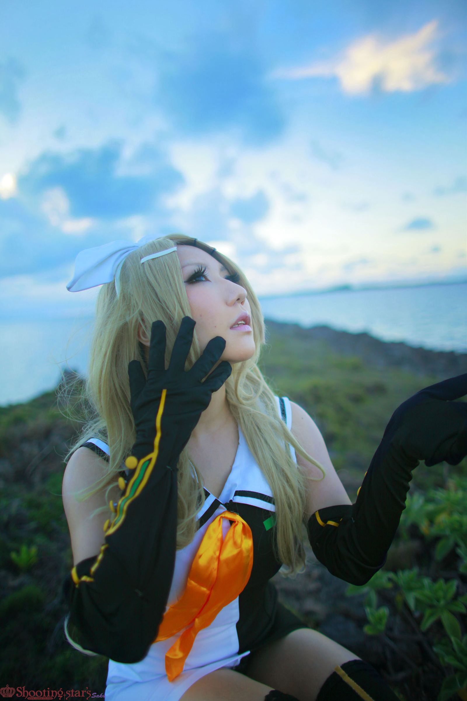 asian blonde_hair breasts cosplay elbow_gloves female gloves long_hair pigtails shooting_star solo watermark