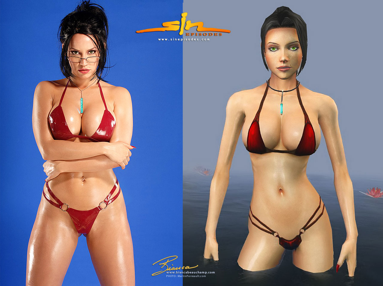 3d bianca_beauchamp bikini breasts cleavage comparison cosplay elexis_sinclaire glasses jewelry large_breasts necklace photo polygon sin_(game) swimsuit