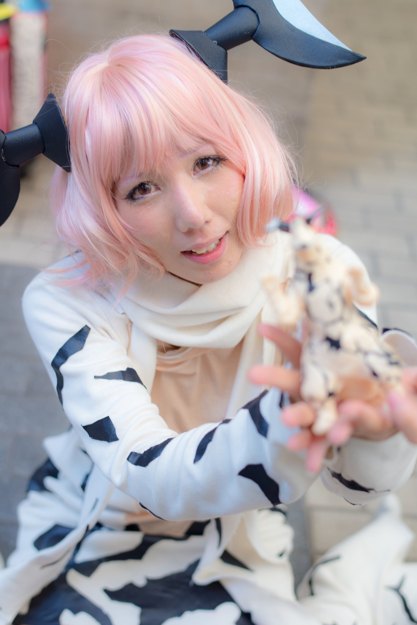 asian breasts cosplay female horns long_hair pink_hair solo