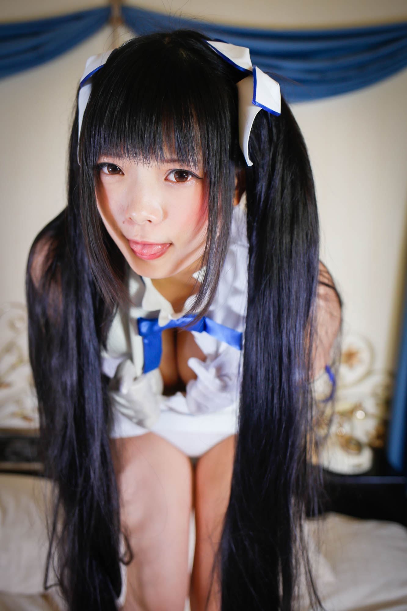 asian black_hair breasts cosplay female long_hair pigtails solo