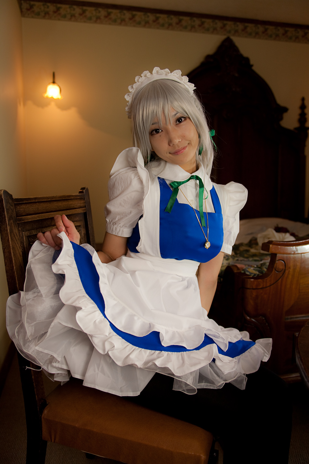 asian breasts chair cosplay female grey_hair lenfried maid necklace short_hair sitting solo watermark