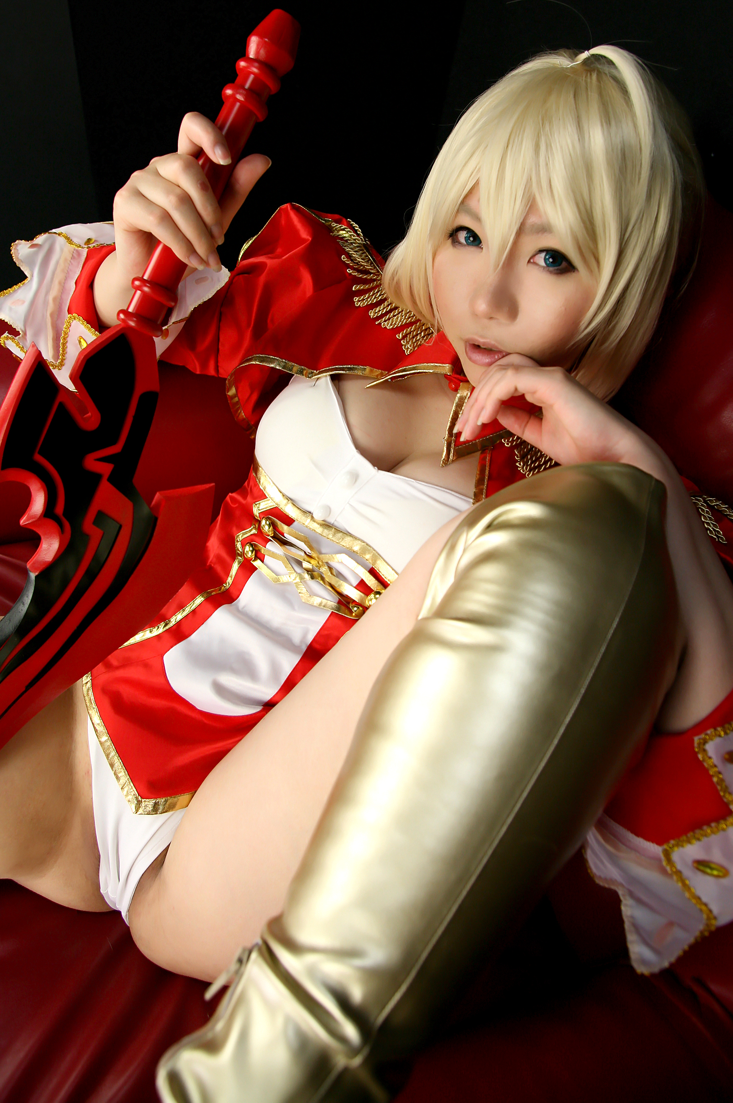 asian blonde_hair boots breasts cosplay dress female high_heels long_hair panties solo