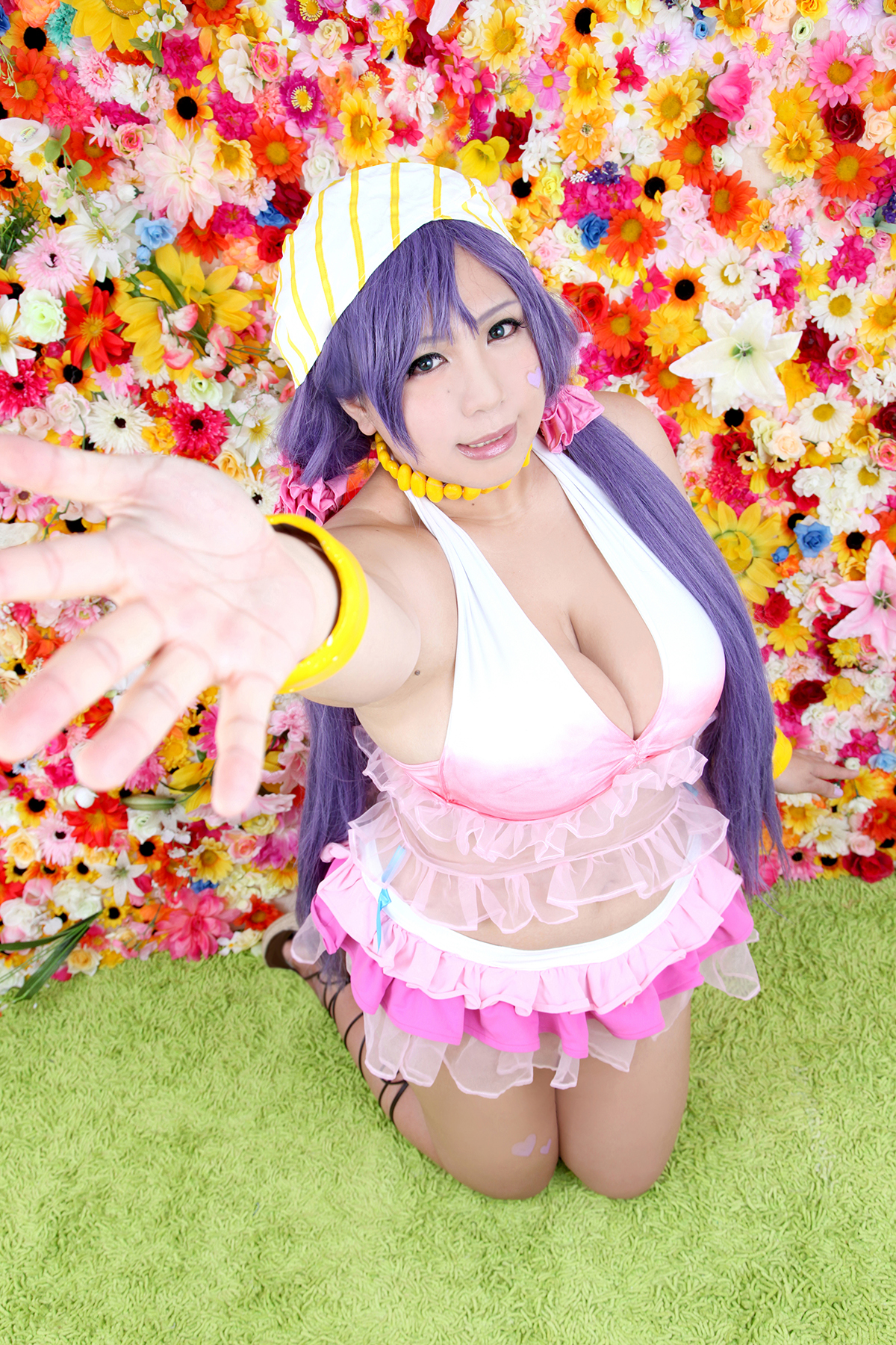 asian breasts chouzuki_maryou cleavage female hat huge_breasts long_hair pigtails plump purple_hair shoes solo watermark