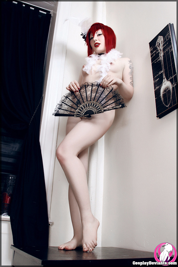 breasts cosplay female long_hair porphyria red_hair solo tattoo watermark