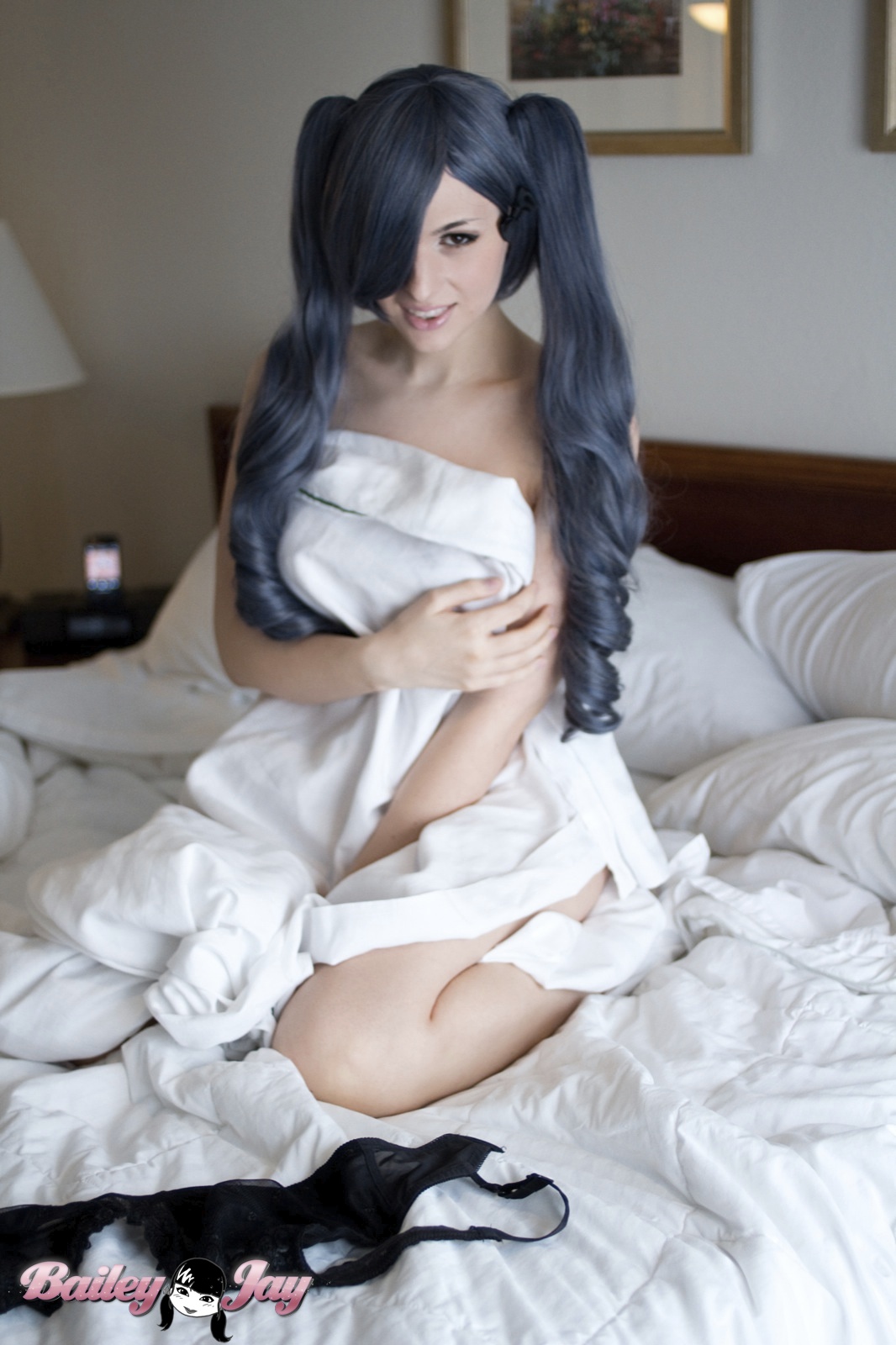 bailey_jay bed blue_hair breasts erect_nipples flaccid large_breasts long_hair navel nipples nude penis pigtails shemale solo tattoo testicles watermark