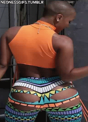 1girl animated ass ass_shake bare_shoulders big_ass clothed dark_skin dat_ass female female_only from_behind gif leggings looking_back midriff non-nude ripped_clothes shaking shaved_head spandex tight_fit watermark