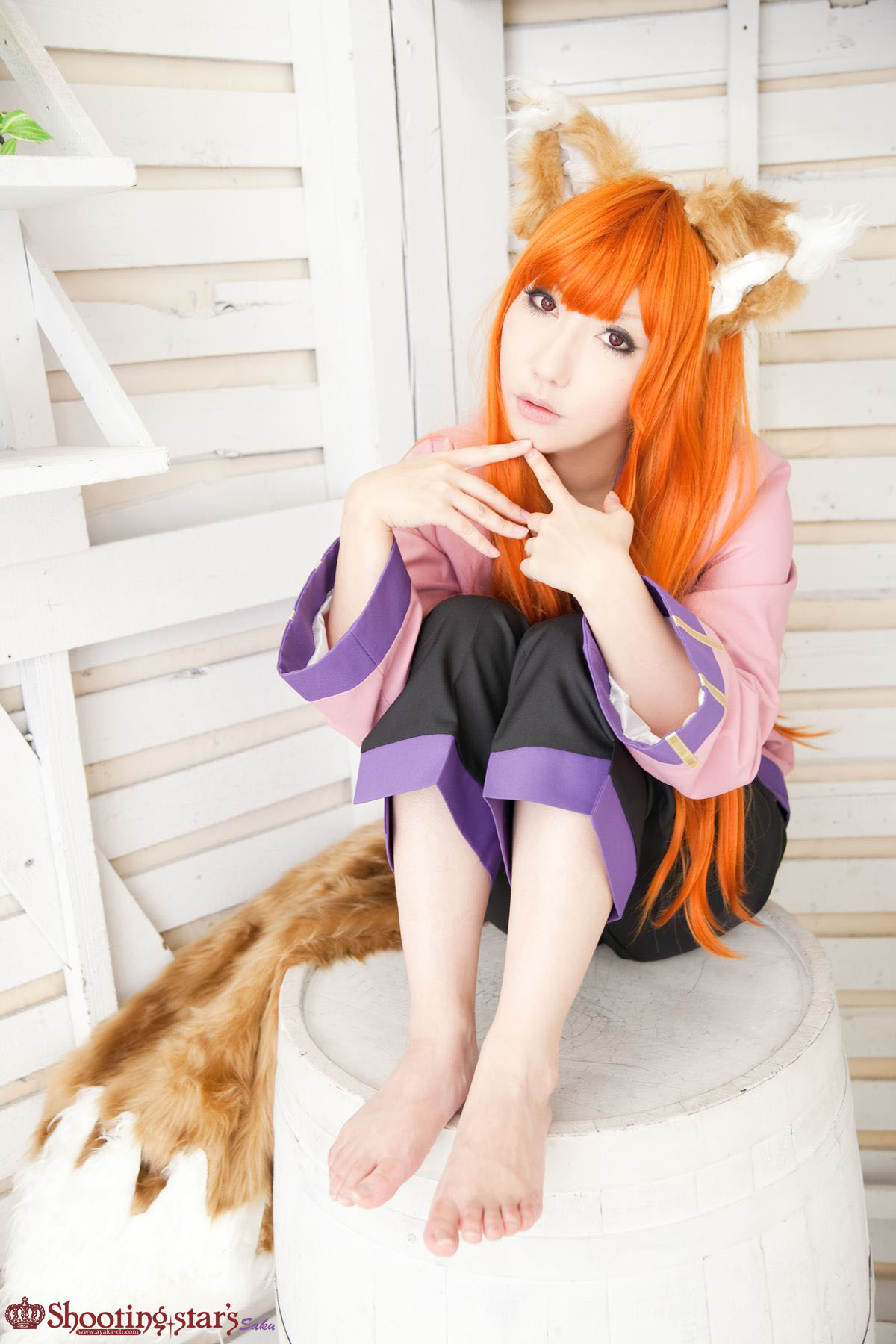 animal_ears asian breasts cosplay female long_hair orange_hair shooting_star solo watermark