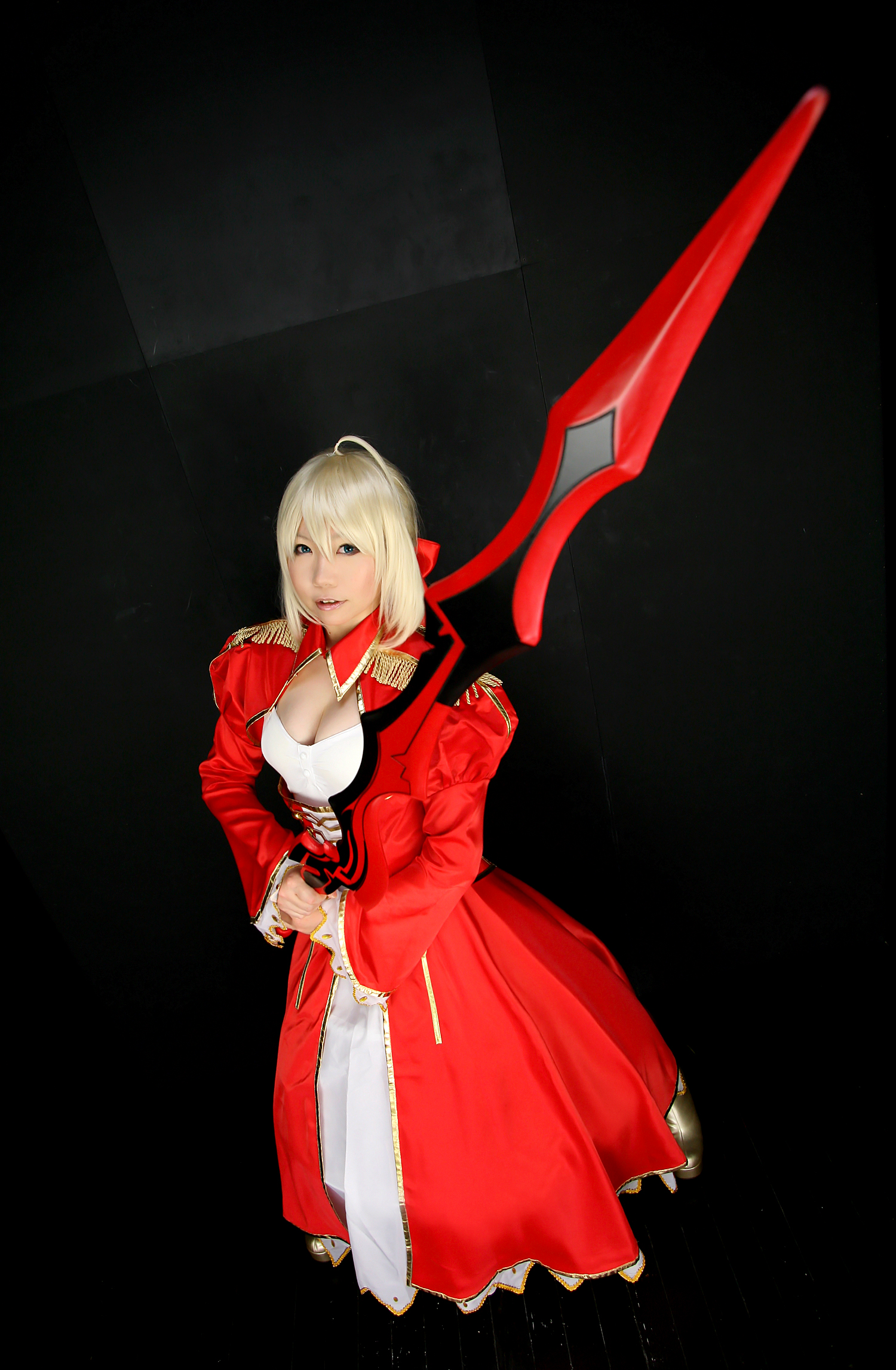 asian blonde_hair boots breasts cosplay dress female high_heels long_hair solo sword