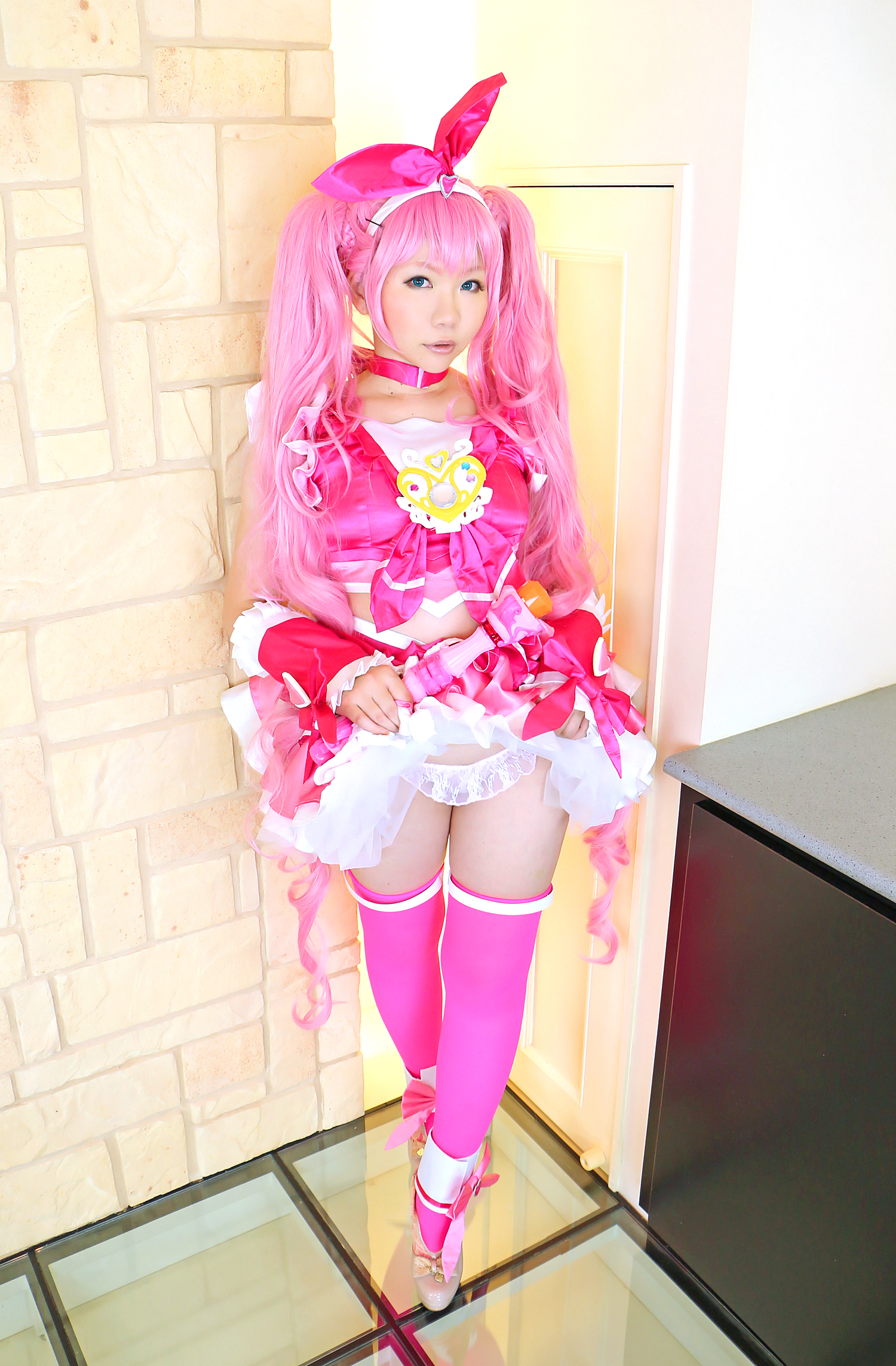 asian breasts cosplay female high_heels long_hair midriff pink_hair shoes skirt solo thighhighs twintails