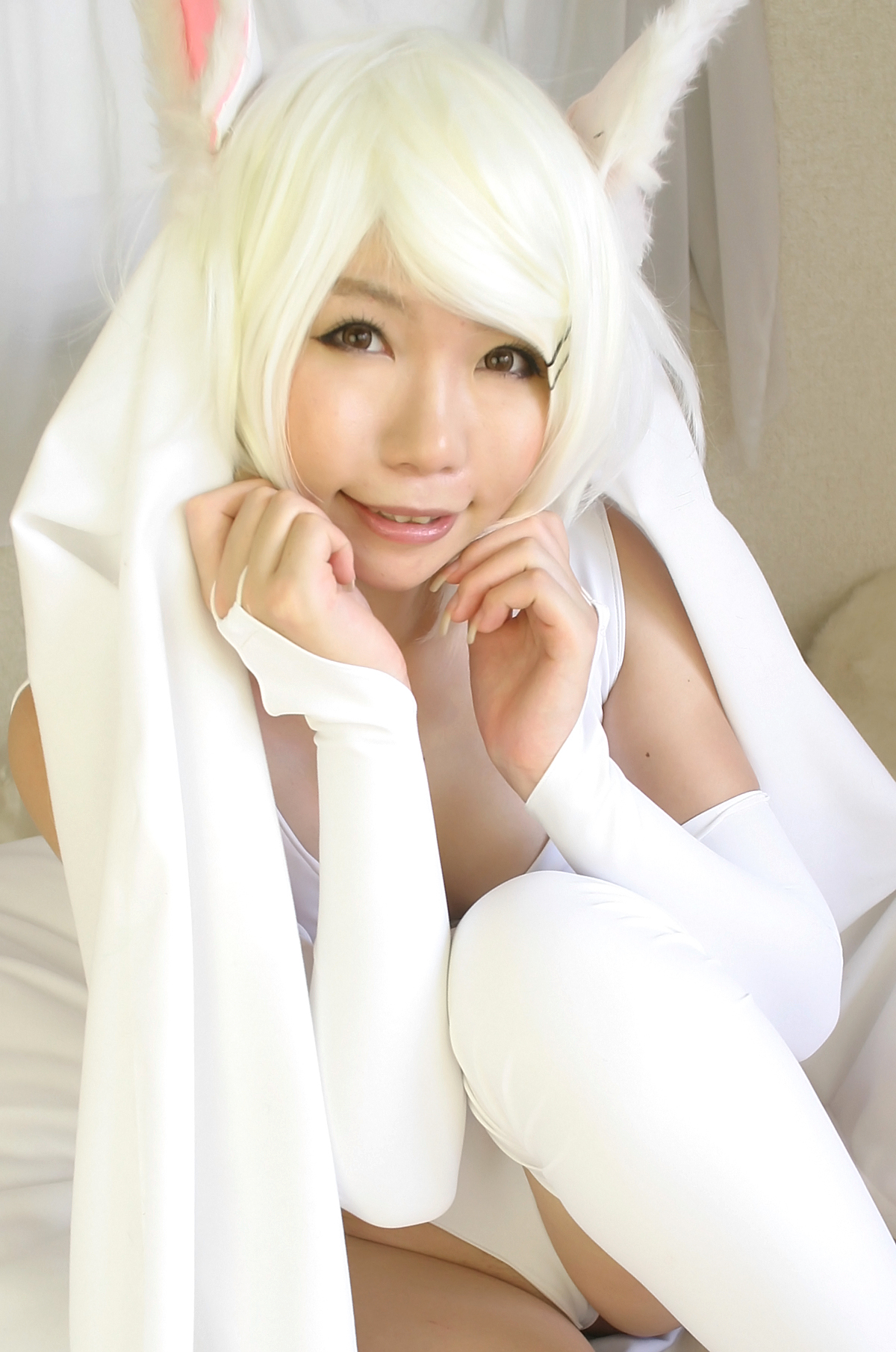 asian bed breasts cleavage cosplay female leotard short_hair solo stuffed_toy thighhighs white_hair