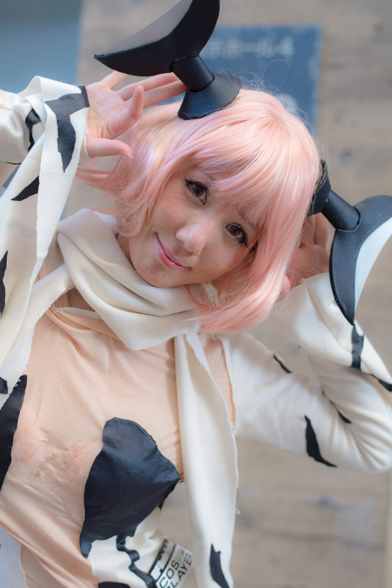 asian breasts cosplay female horns long_hair pink_hair solo