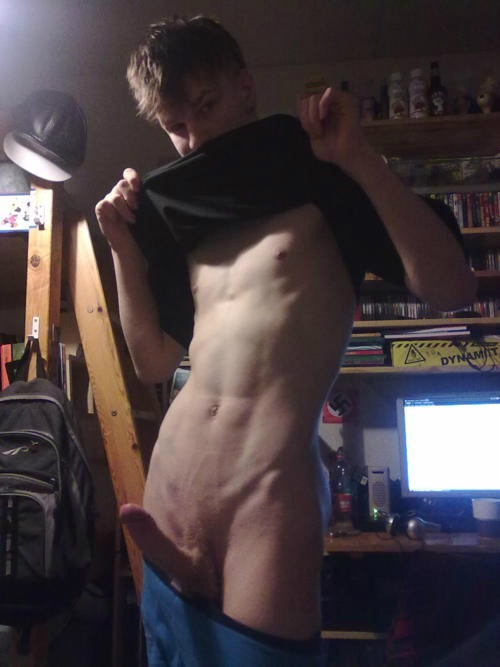 abs brown_hair gay long_penis male pale_skin pants_pull photo self_shot shirt_lift twink
