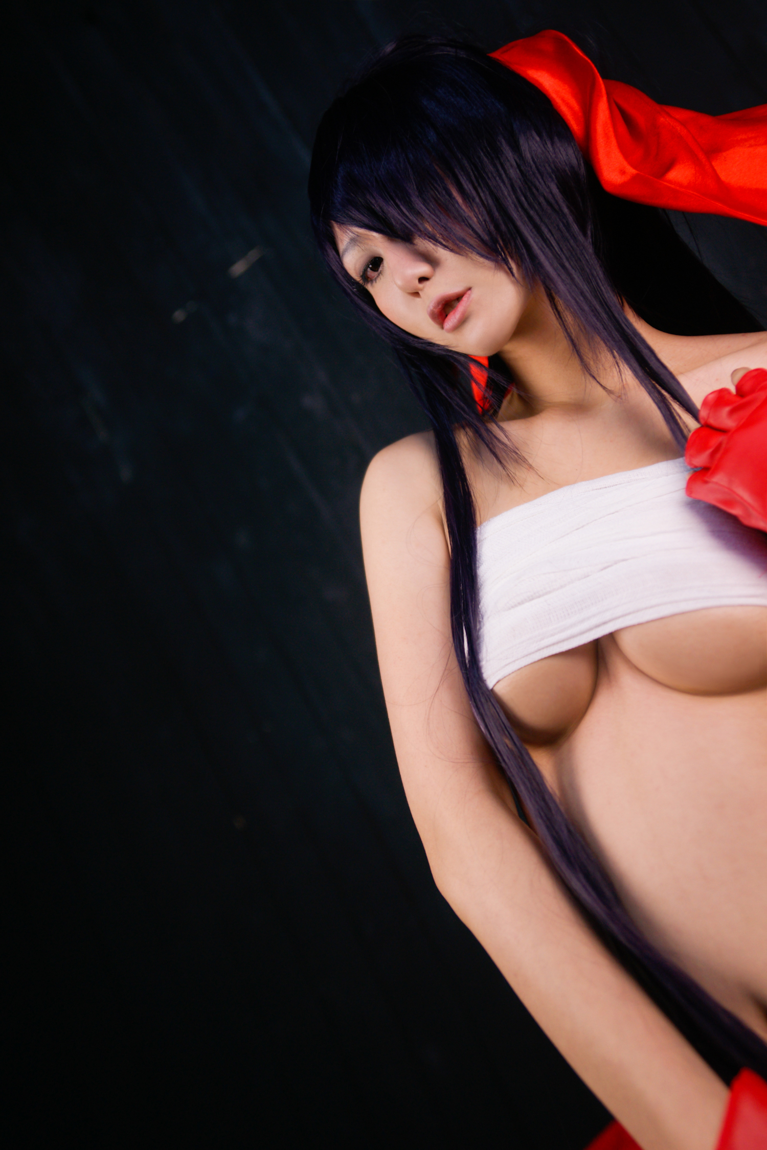 asian bare_shoulders black_hair breasts cosplay female large_breasts long_hair midriff navel solo spear underboob weapon