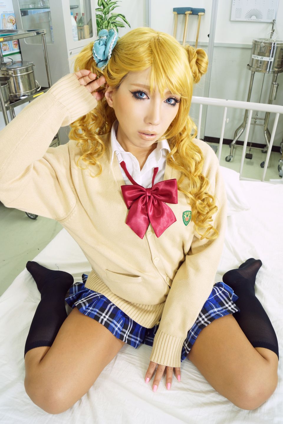 asian blonde_hair breasts female long_hair nonsummerjack school skirt solo