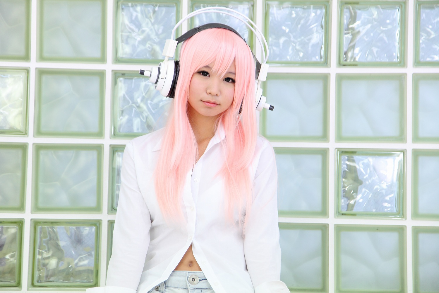 asian breasts cosplay female itsuki_akira long_hair pink_hair solo super_sonico