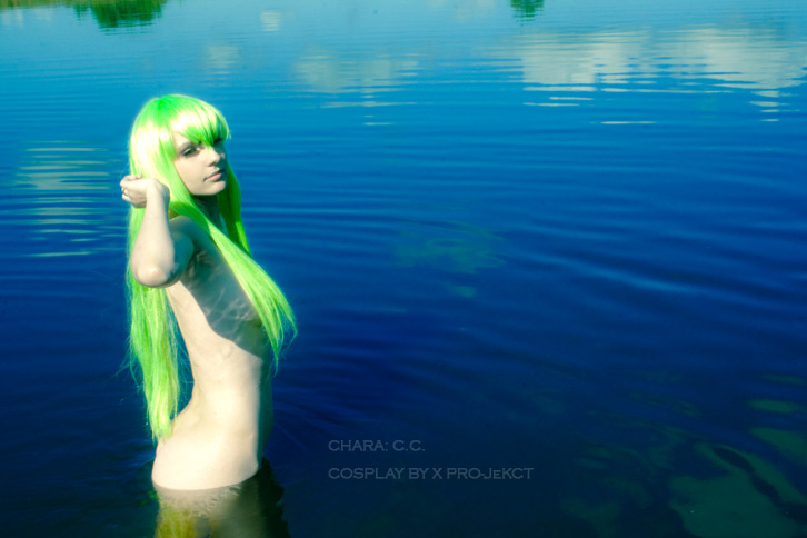 c.c. cc code_geass cosplay green_hair hair_over_breasts kururugi_suzako long_hair nude wading water