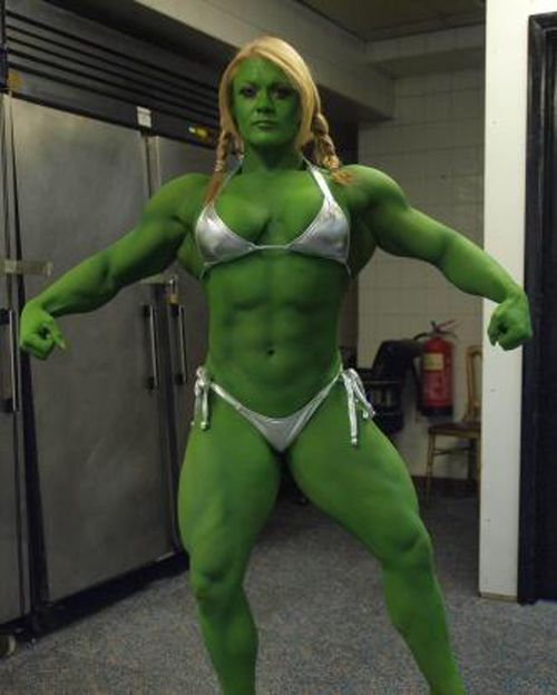 abs bikini cosplay green_skin lisa_cross marvel muscle she-hulk she-hulk_(cosplay) tied_hair twintails