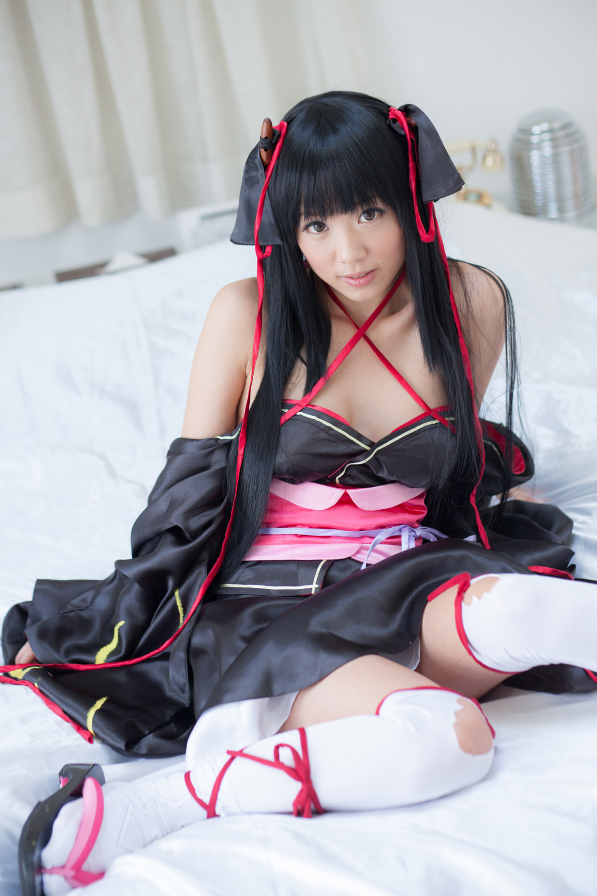 asian bare_shoulders black_hair breasts cosplay dress female long_hair shoes socks solo