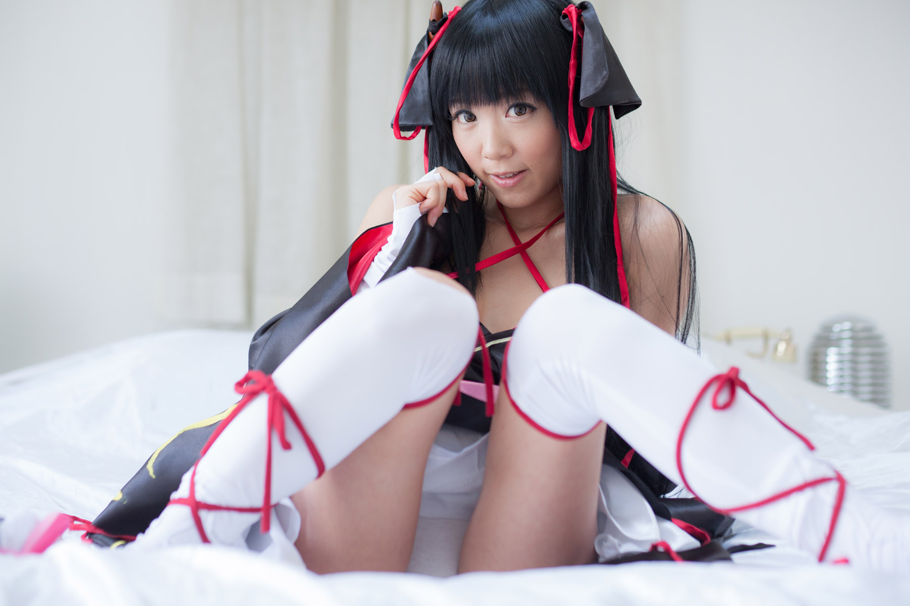 asian bare_shoulders black_hair breasts cosplay dress female long_hair shoes socks solo