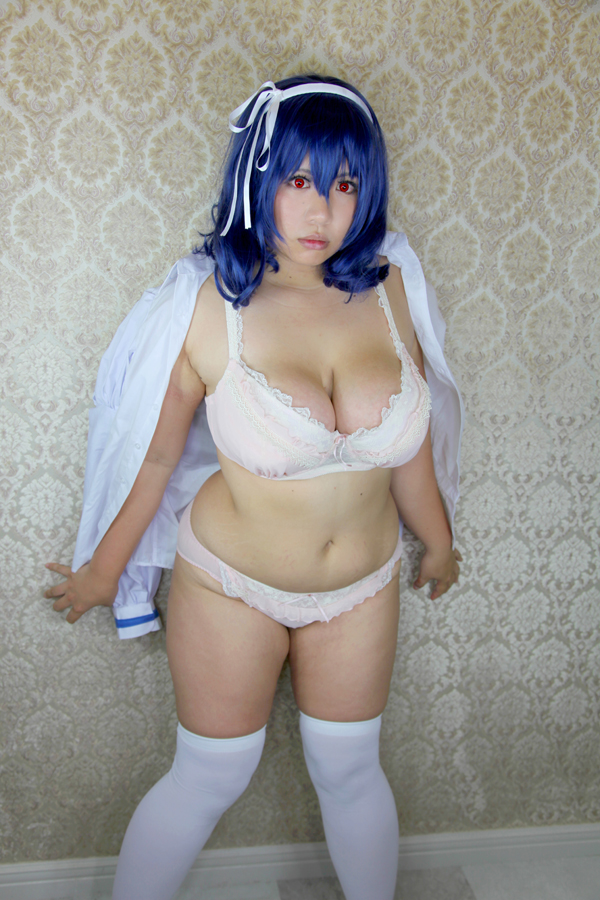 blue_hair bra breasts chouzuki_maryou cleavage cosplay large_breasts long_hair midriff panties socks