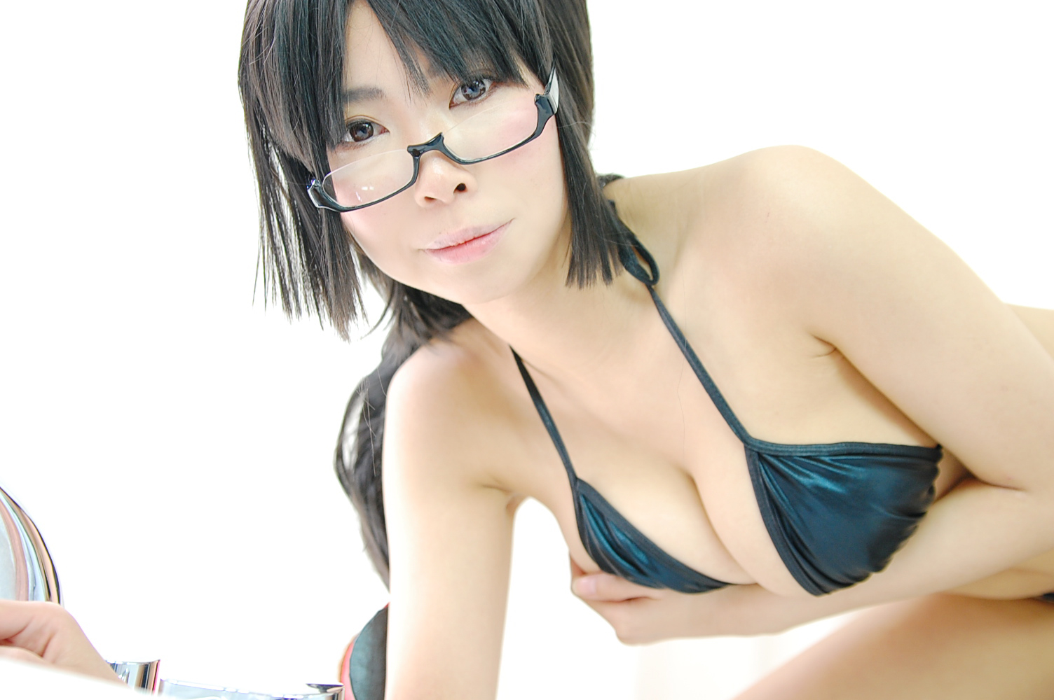 ashiya_noriko asian black_hair breasts cleavage female glasses high_heels large_breasts long_hair shoes solo