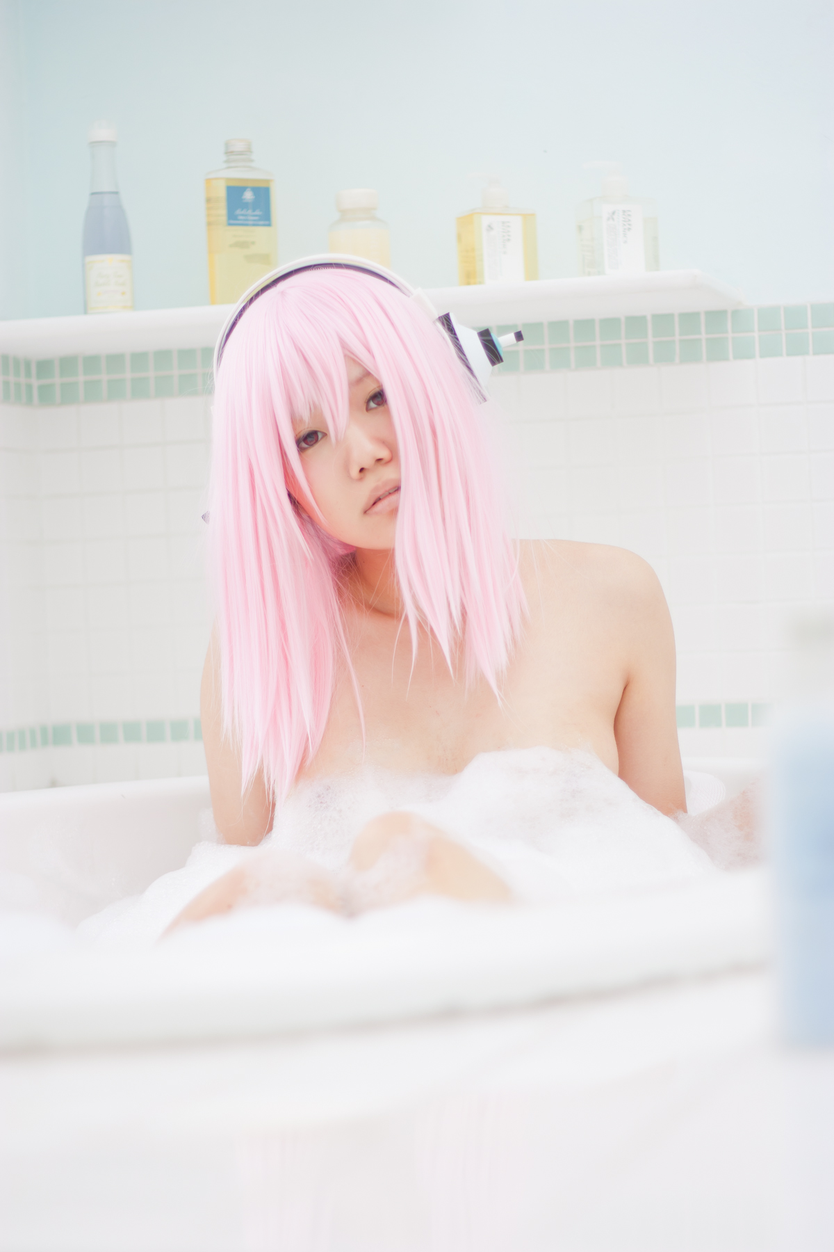 asian bathroom breasts cosplay female headphones long_hair nude pink_hair solo