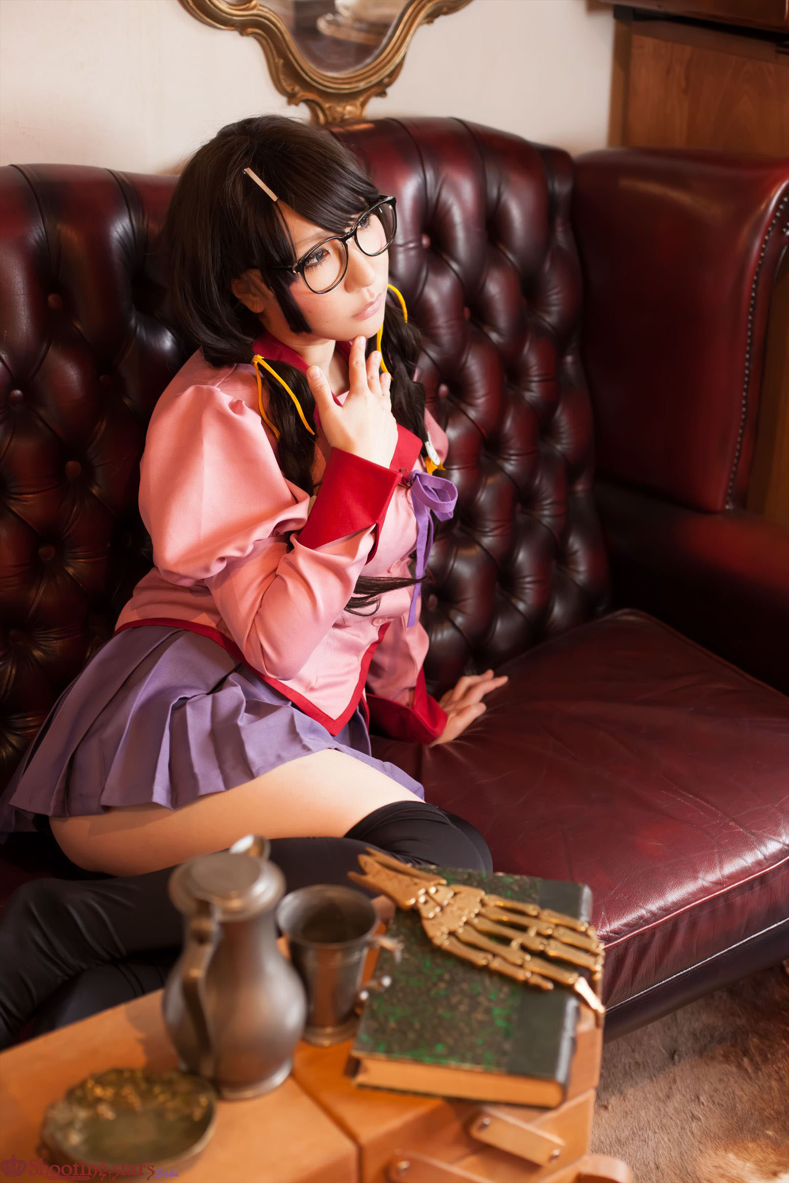 asian black_hair breasts cosplay female glasses high_heels kneehighs long_hair shoes shooting_star skirt solo watermark