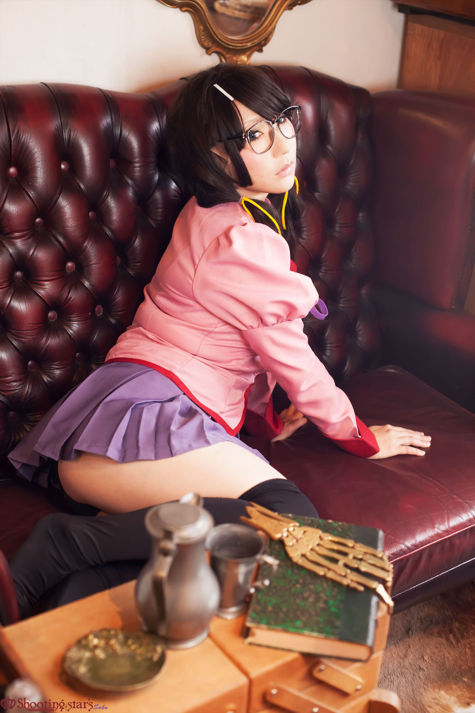 asian black_hair breasts cosplay female glasses high_heels kneehighs long_hair shoes shooting_star skirt solo watermark