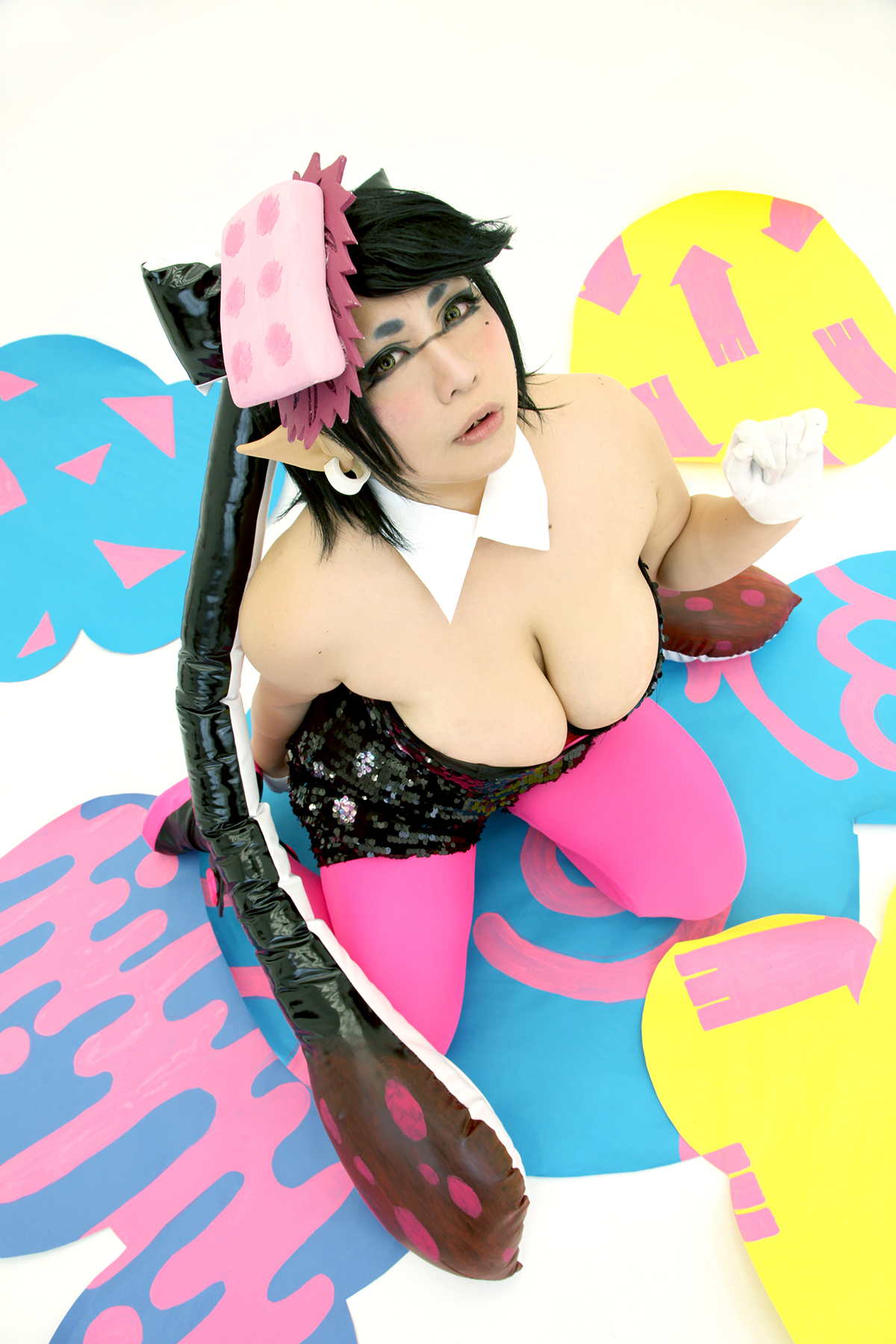 asian black_hair breasts chouzuki_maryou cosplay female gloves huge_breasts long_hair plump shoes solo