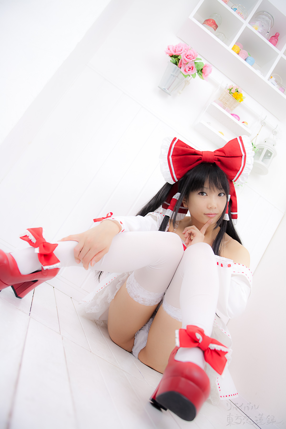 asian black_hair breasts cosplay dress female long_hair panties shoes solo thighhighs