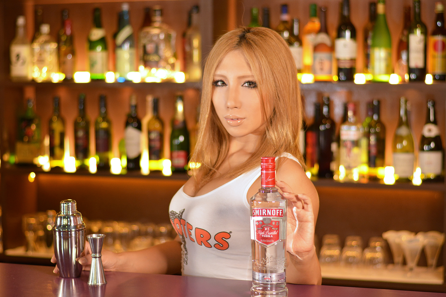 asian blonde_hair breasts female hooters large_breasts long_hair nonsummerjack solo tank_top