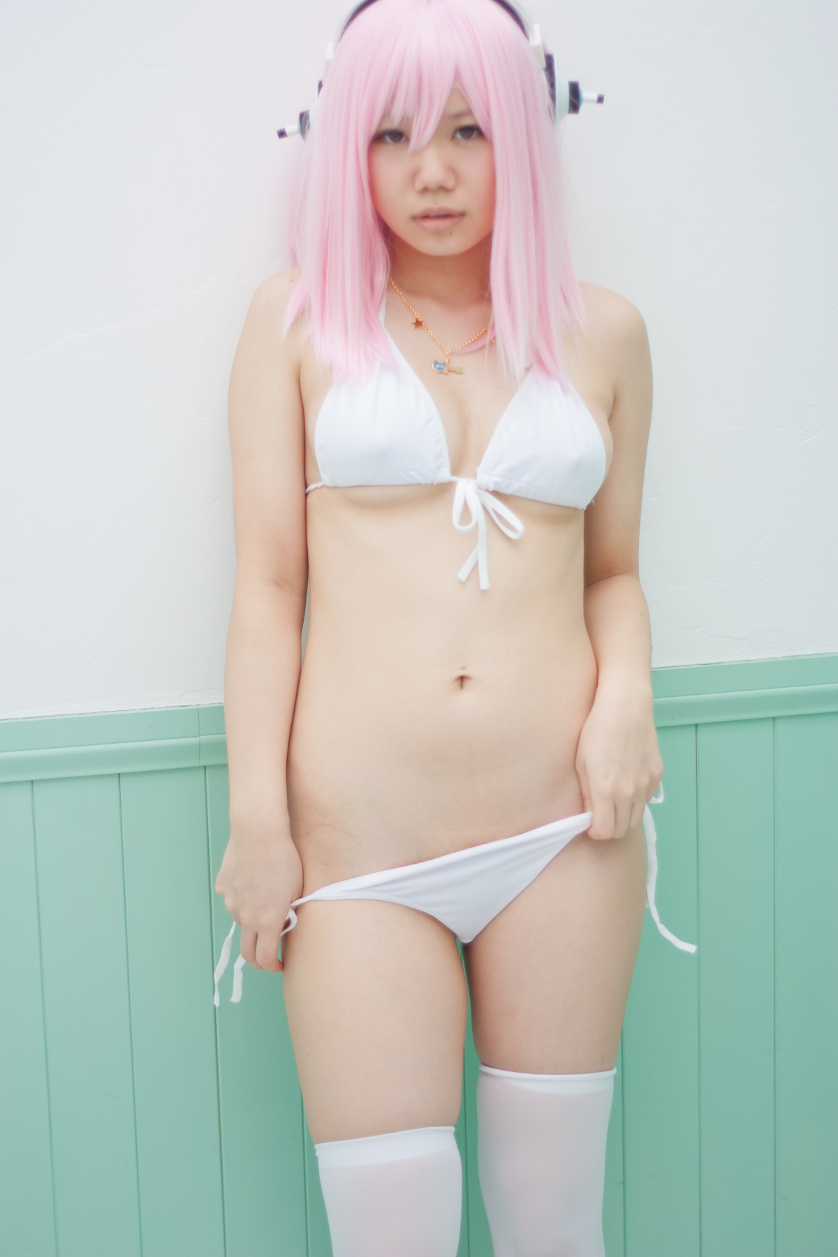 asian bikini breasts cosplay female headphones long_hair pink_hair solo