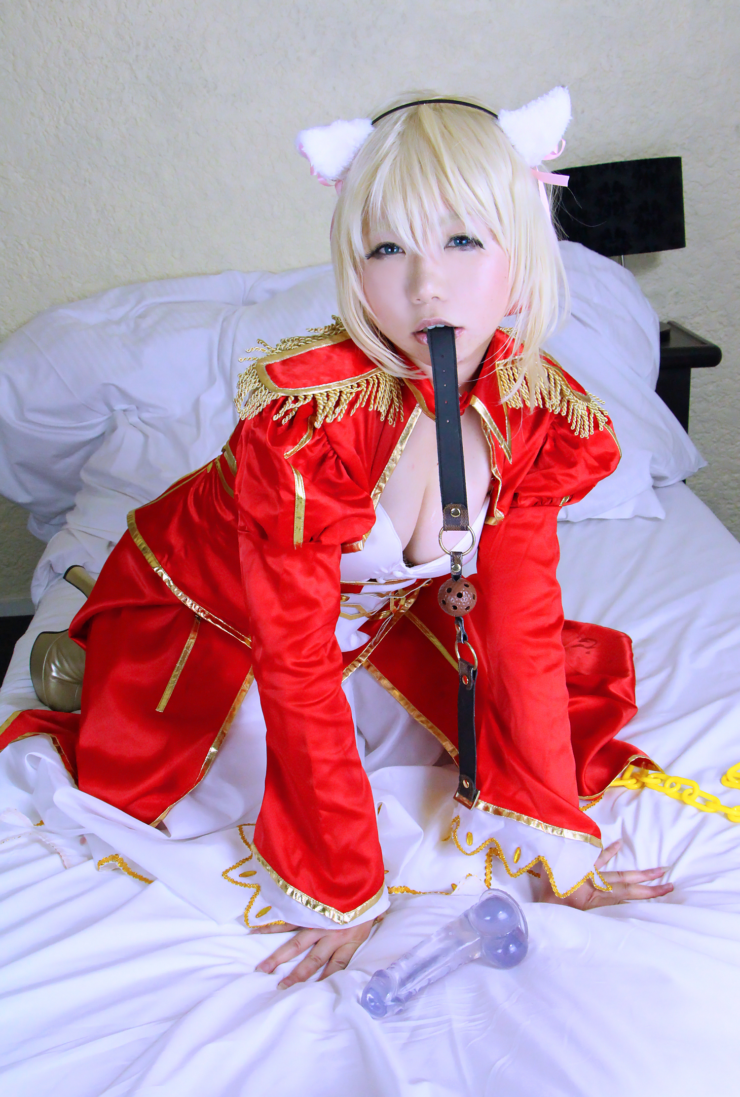 asian ball_gag blonde_hair boots breasts cleavage cosplay dress female high_heels long_hair panties solo