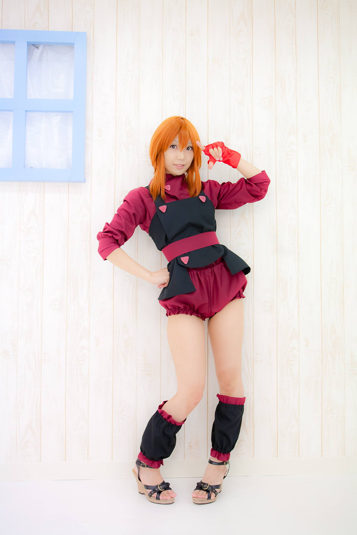 apron asian belt breasts cosplay female long_hair orange_hair sandals shoes solo