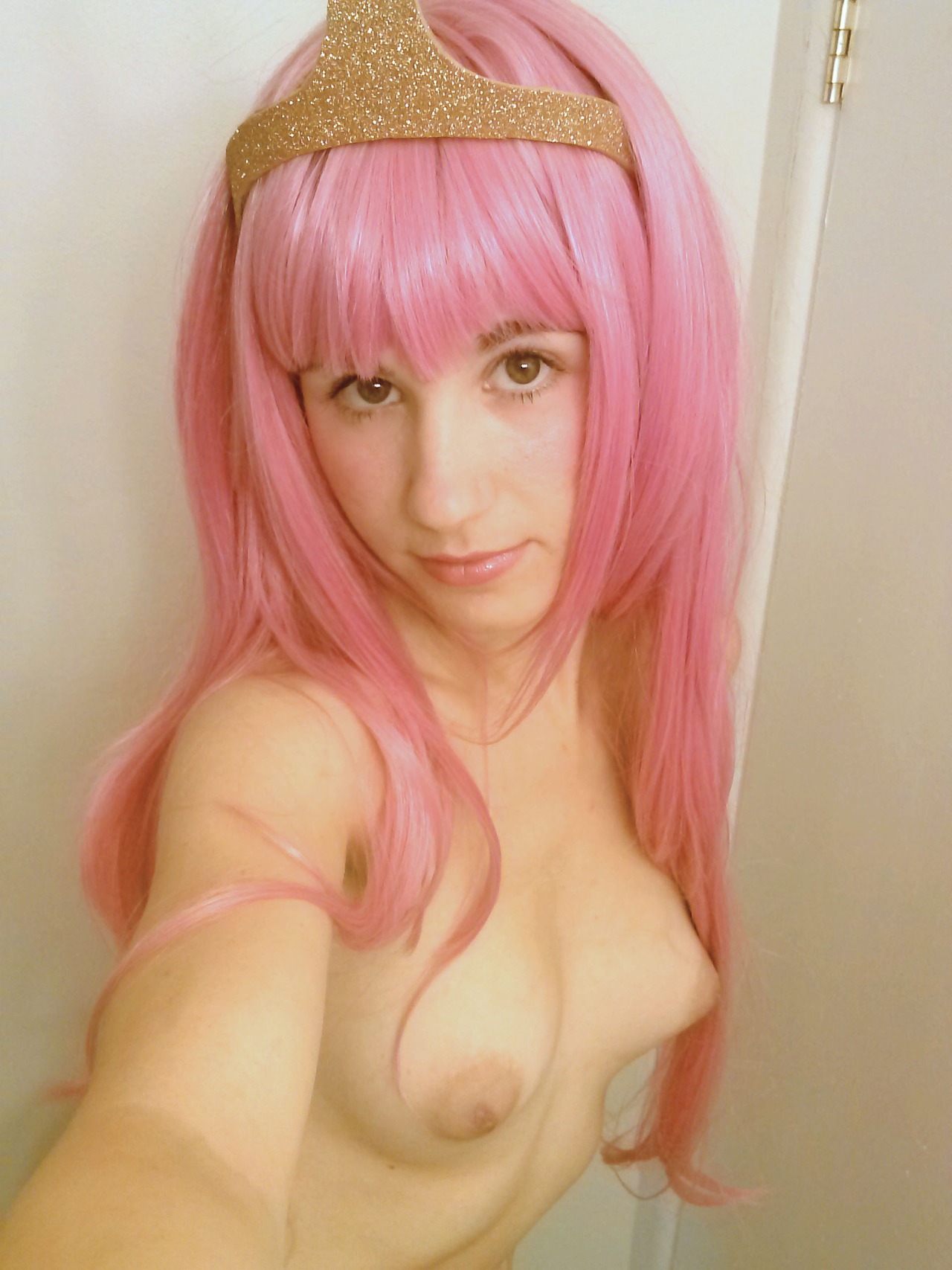 adventure_time breasts cosplay female no_bra pink_hair princess_bubblegum