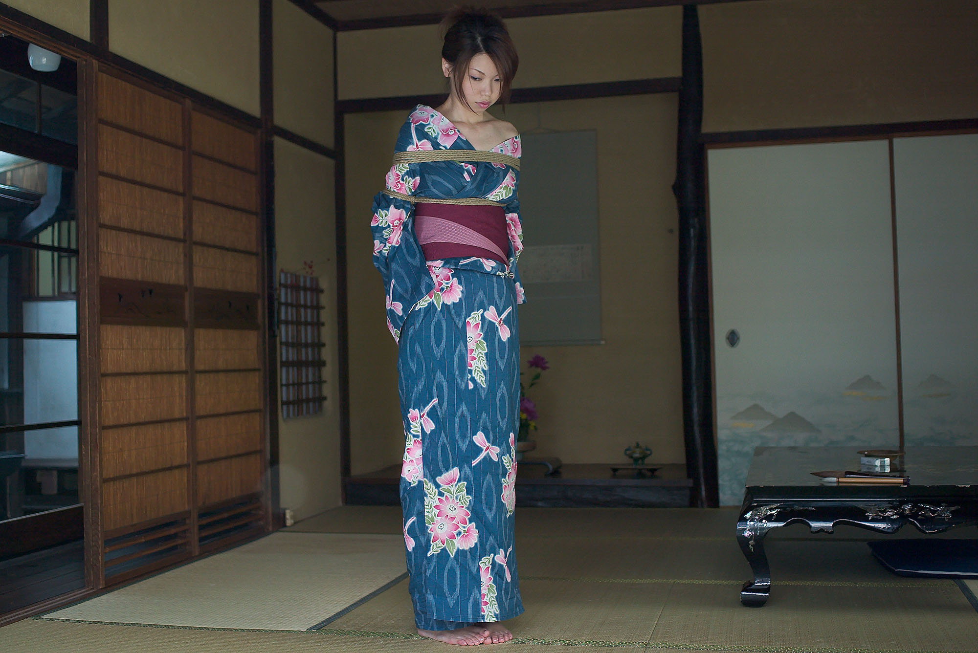 asian bondage box_tie breast_bondage clothed highres japanese_clothes kimono