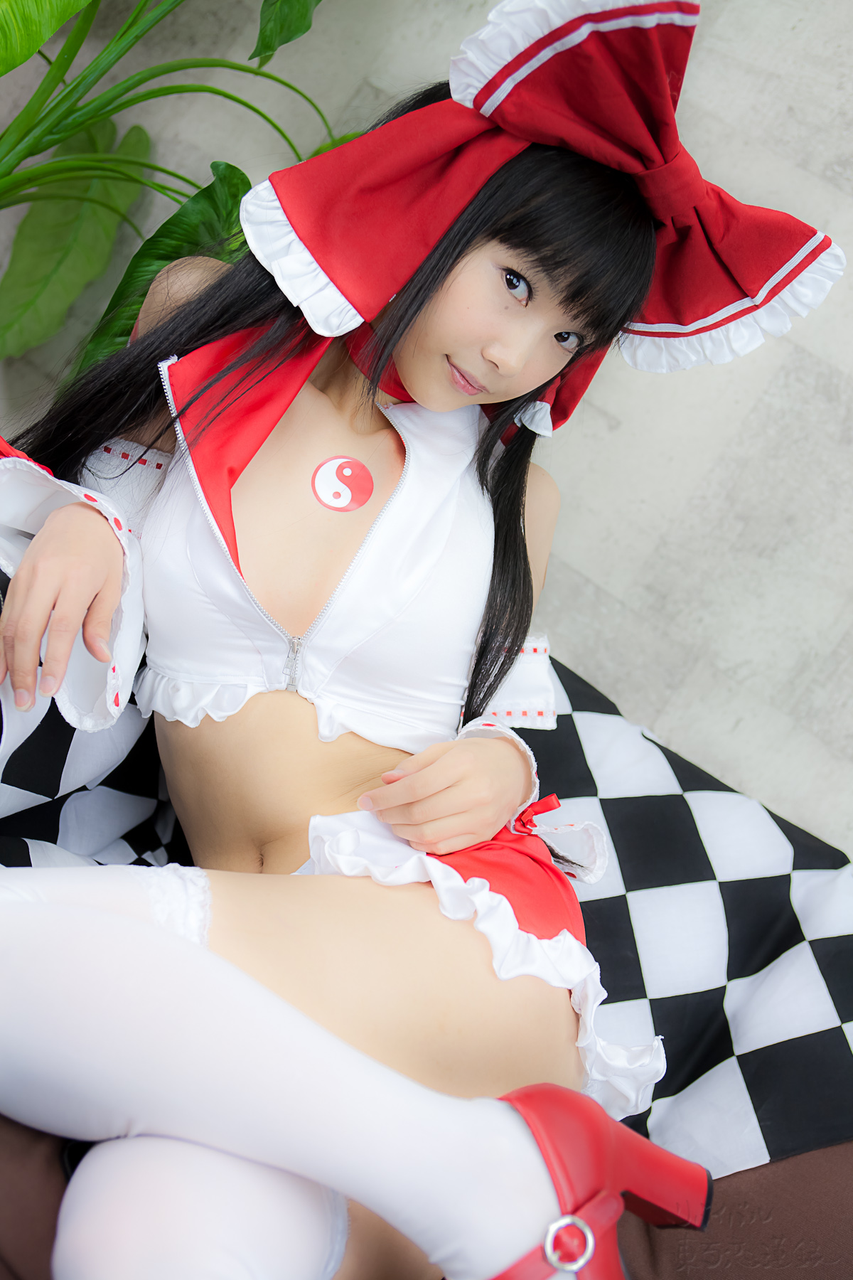 asian belt black_hair breasts cosplay female high_heels long_hair midriff shoes solo thighhighs