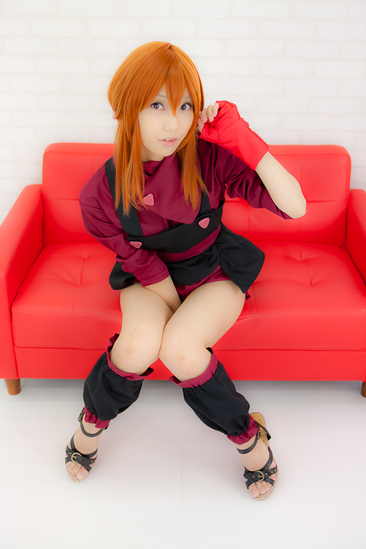 apron asian belt breasts cosplay female long_hair orange_hair sandals shoes solo