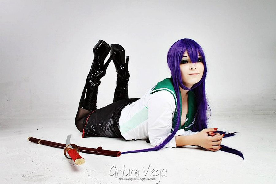 asian boots female garter_belt high_heels long_hair makeup purple_hair skirt solo sword thighhighs