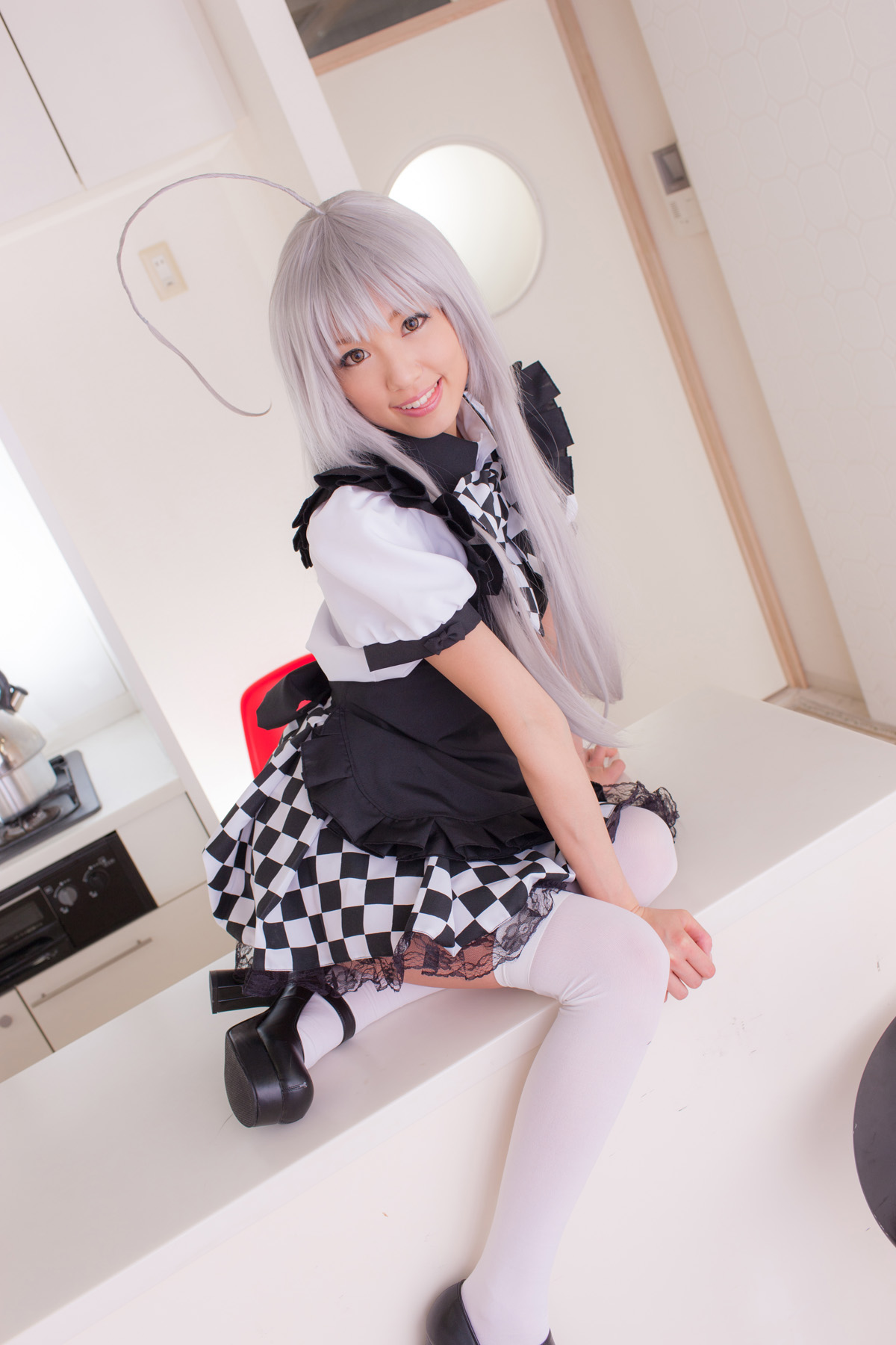 apron asian breasts cosplay female grey_hair high_heels long_hair panties shoes skirt solo thighhighs