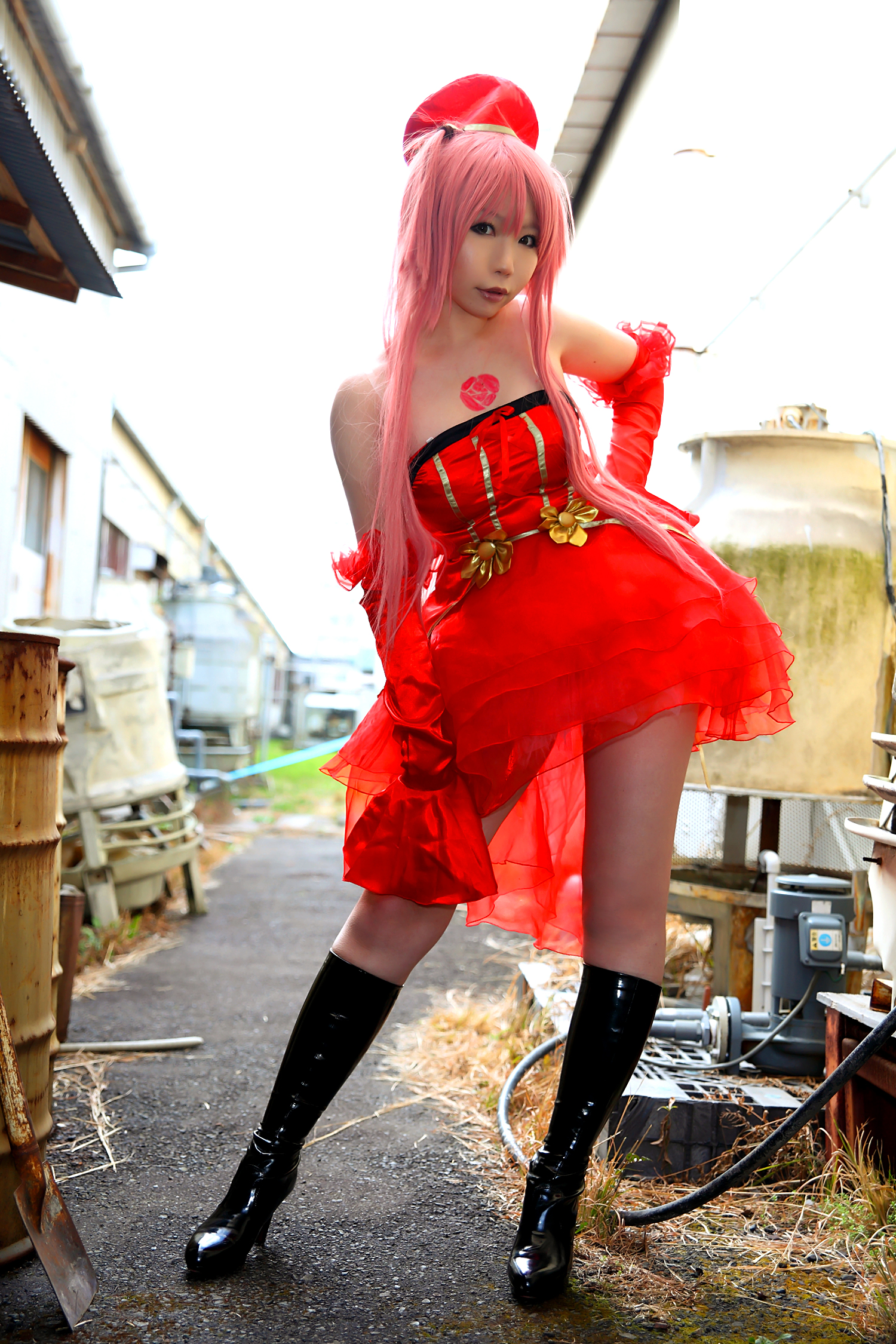asian bare_shoulders boots breasts dress female hat high_heels long_hair pink_hair rin_higurashi solo