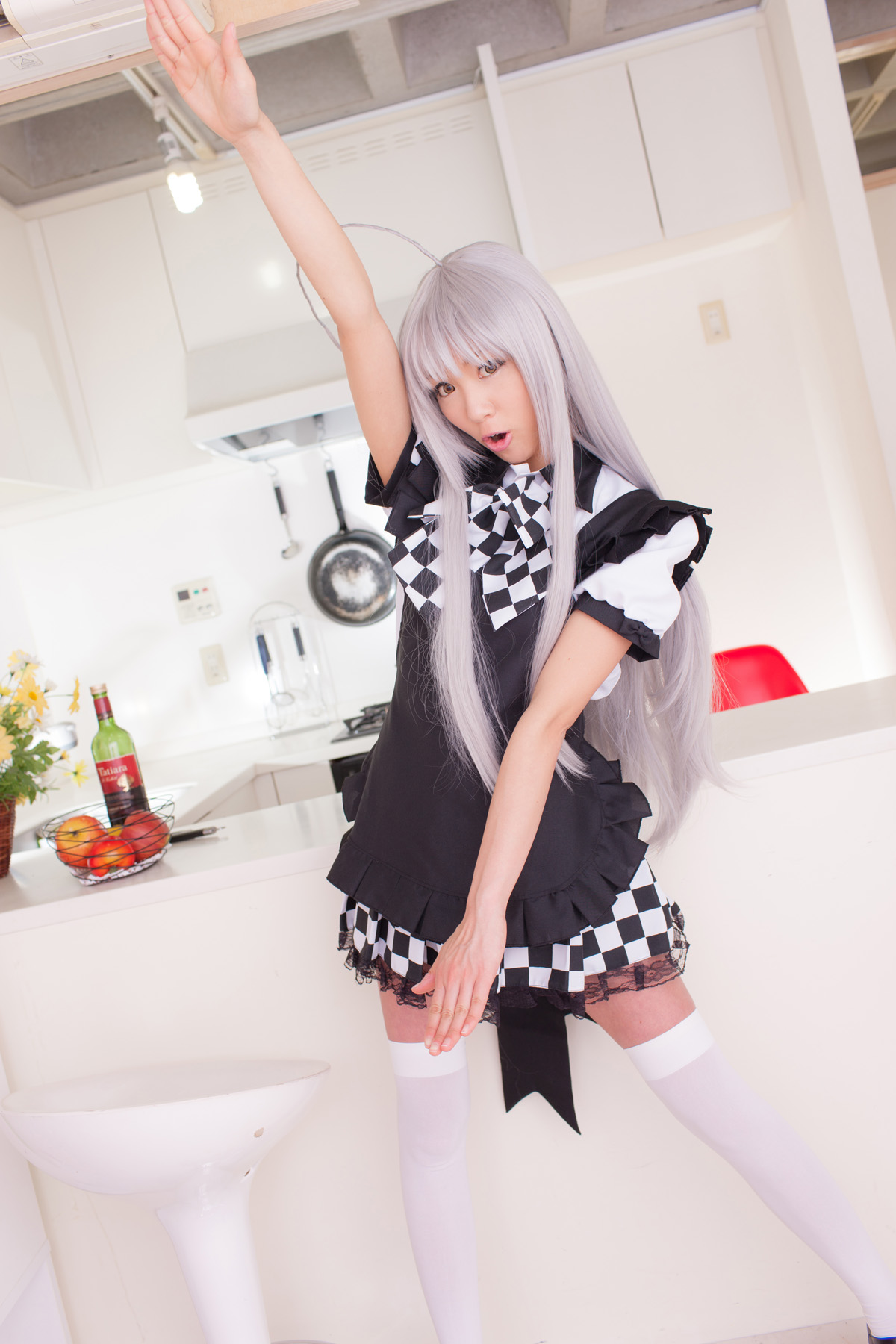 apron asian breasts cosplay female grey_hair high_heels long_hair shoes skirt solo thighhighs