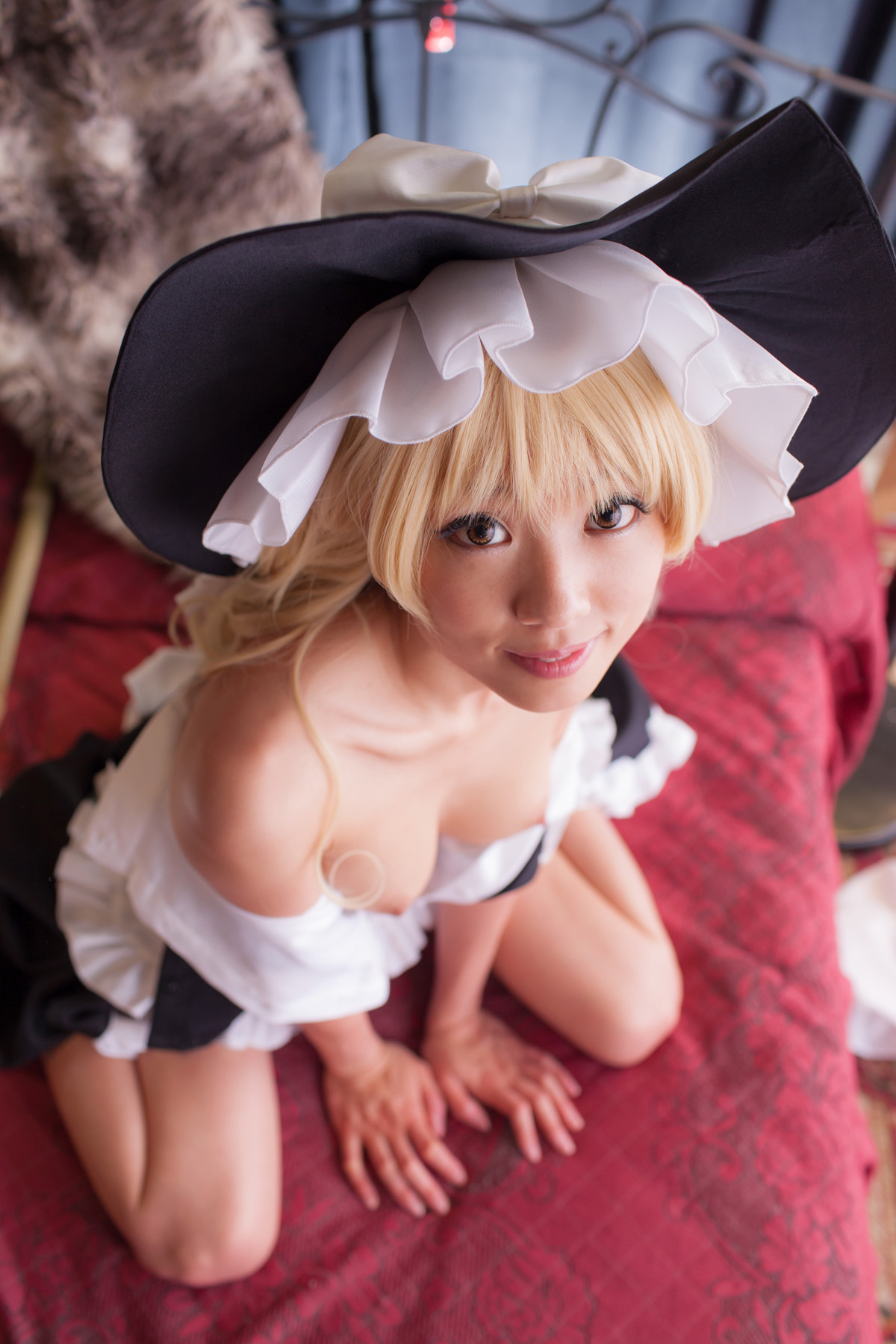 asian bed blonde_hair breasts cosplay dress erect_nipples female hat long_hair nipples shoes socks solo